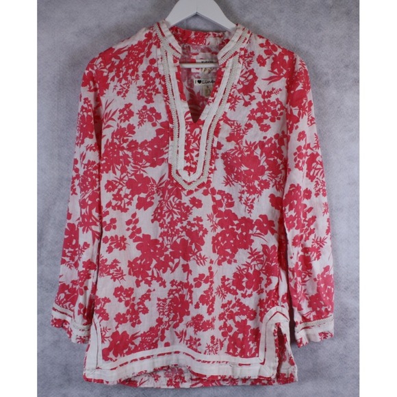 malvin Tops - Malvin I Love Linen Blouse Womens Size Small Pink White Mandarin Trim Detail Top
